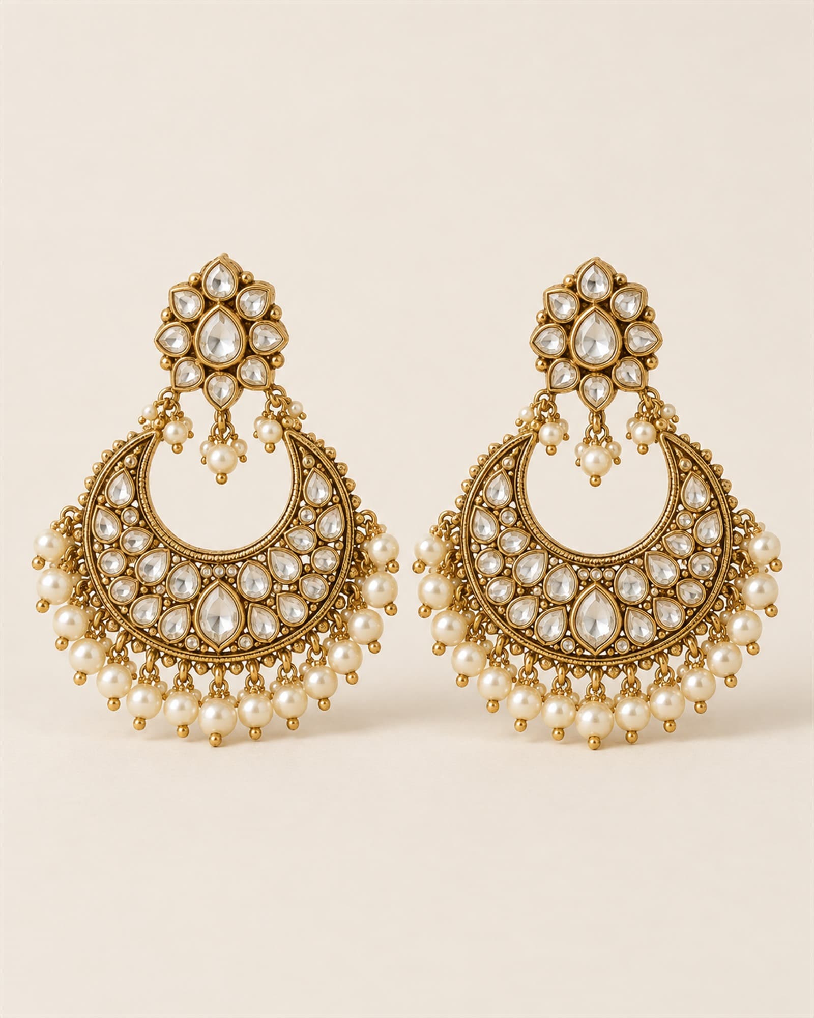 Chand Bali Earrings — full view on ivory sweep