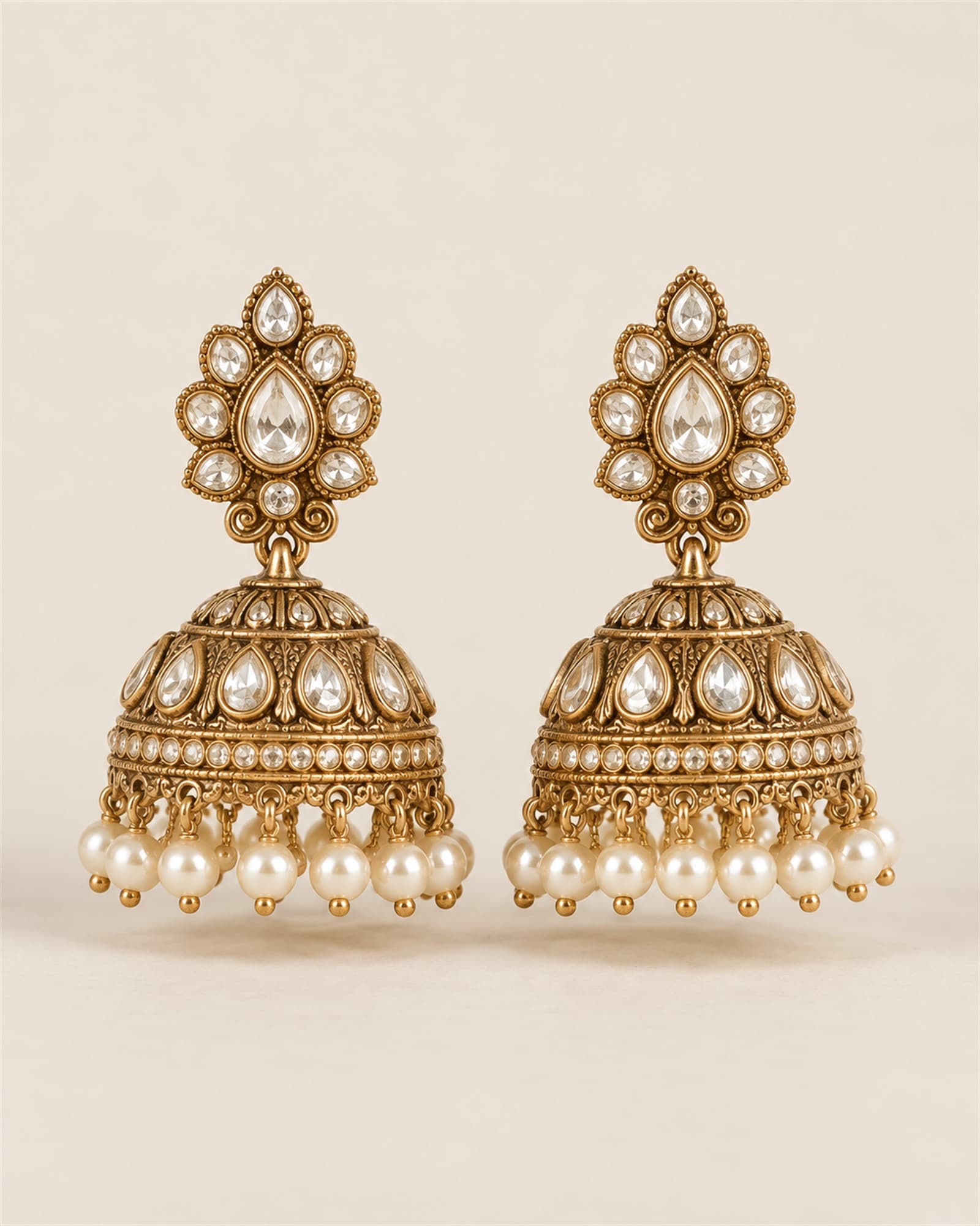 Meher Jhumkas — full view on ivory sweep