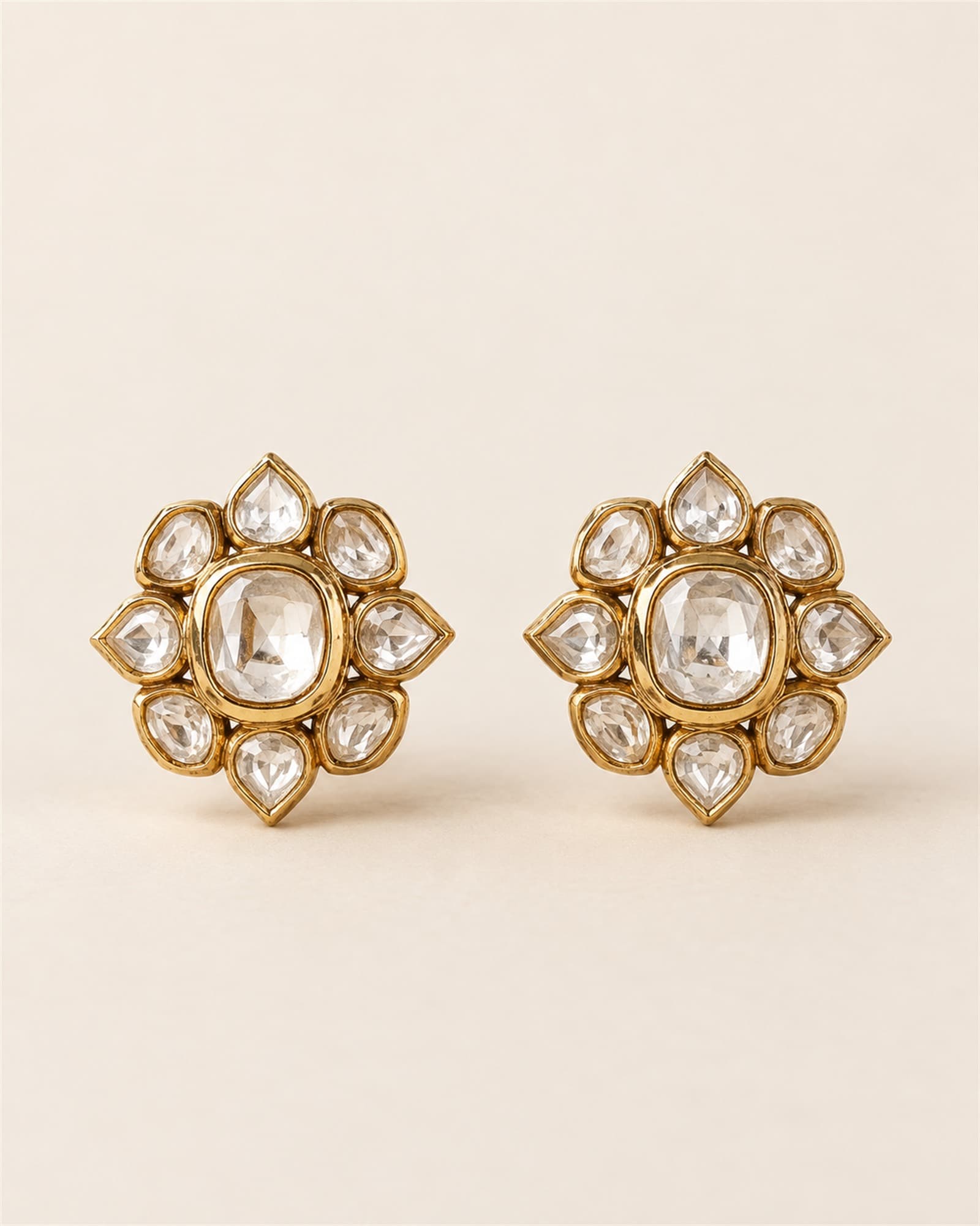 Noor Polki Studs — full view on ivory sweep
